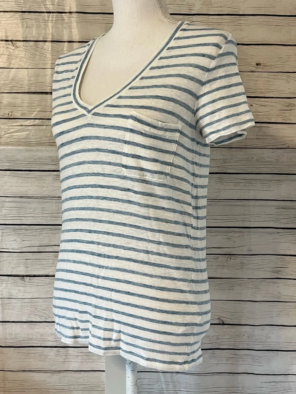 J. Crew Blue and White Striped Linen V-Neck Pocket Tee